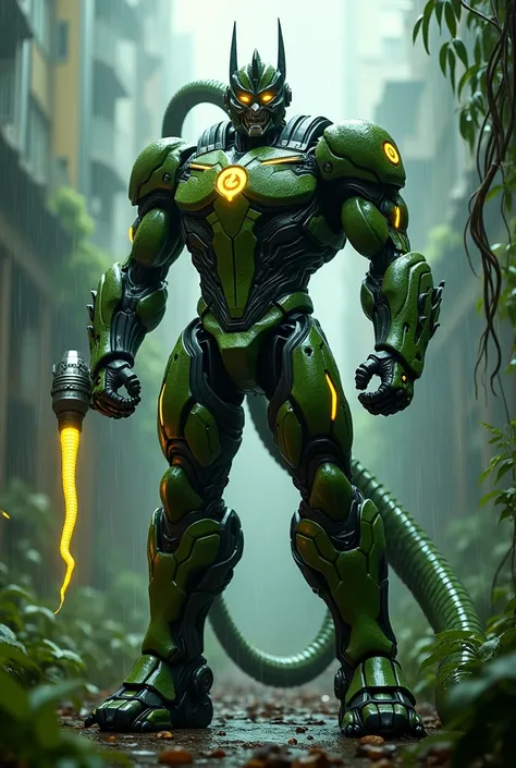 A towering robotic figure resembling Optimus Prime, standing heroically in a futuristic cityscape A lithe and agile superhero figure with serpent-like qualities, wearing a green and black bodysuit covered in scaly textures and glowing yellow lines. The hel...