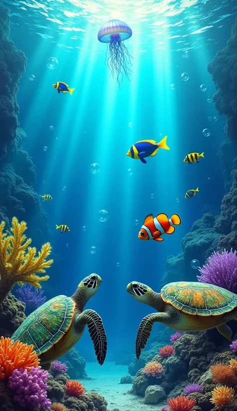 A vibrant and detailed underwater scene depicting a colorful marine ecosystem. The bottom is deep blue, with rays of sunlight penetrating the water, creating soft reflections and shadows. Air bubbles float in the room, adding movement. In the center, two s...