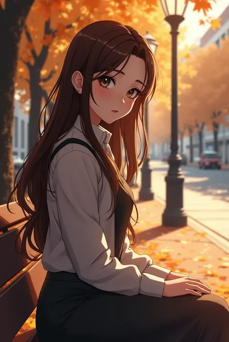 

 Girl as usual 18 years old.  Sitting on the bench .  And on the street autumn .  long hair ,( brown ) and makeup . 