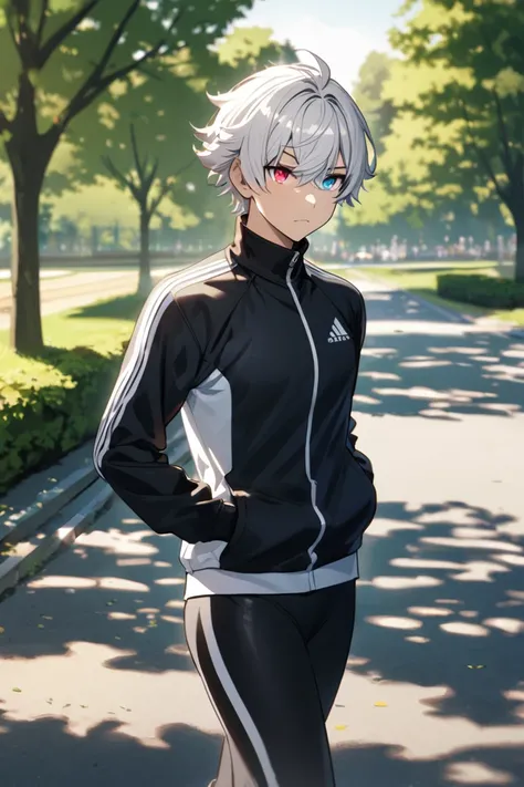 man,  Heterochromia, white hair,athletic clothing, park 