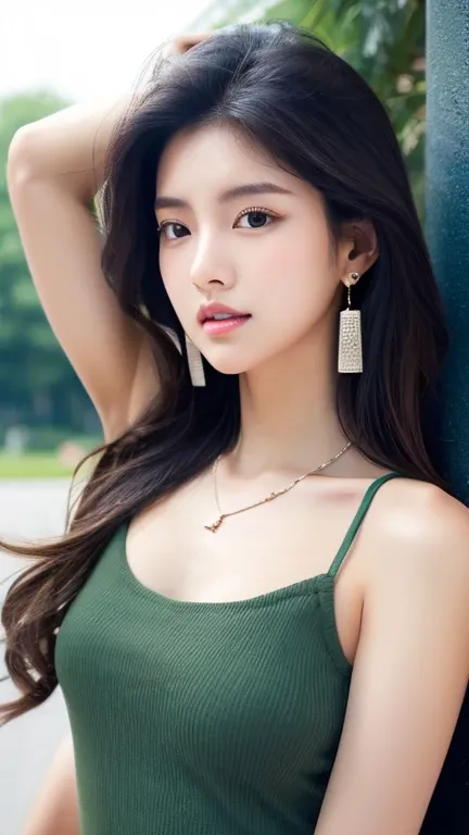  measurements、  high resolution 、 Masterpiece、  japanese women 、23 years old、ผมสีน้ำตาลlong:1.4、Beautiful skin、Brown eyes、Thin lips、Glossy lips、 light makeup 、earring、 big chest wide open、long, slender legs、 black tank top 、necklace、Short denim skirt、 look...