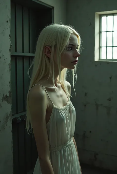 Skinny blond haired girl in a cell