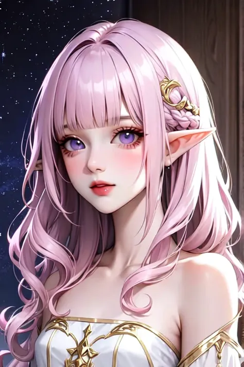 pale lavender pink long hair, light lavender eyes, pale skin, starry eyes, long wavy layered hair, small pointy ears, downturned ears, elf ears, white, black and gold dress, bangs in middle, pink lips, middle bangs, soft curls, soft waves in hair, adult fe...