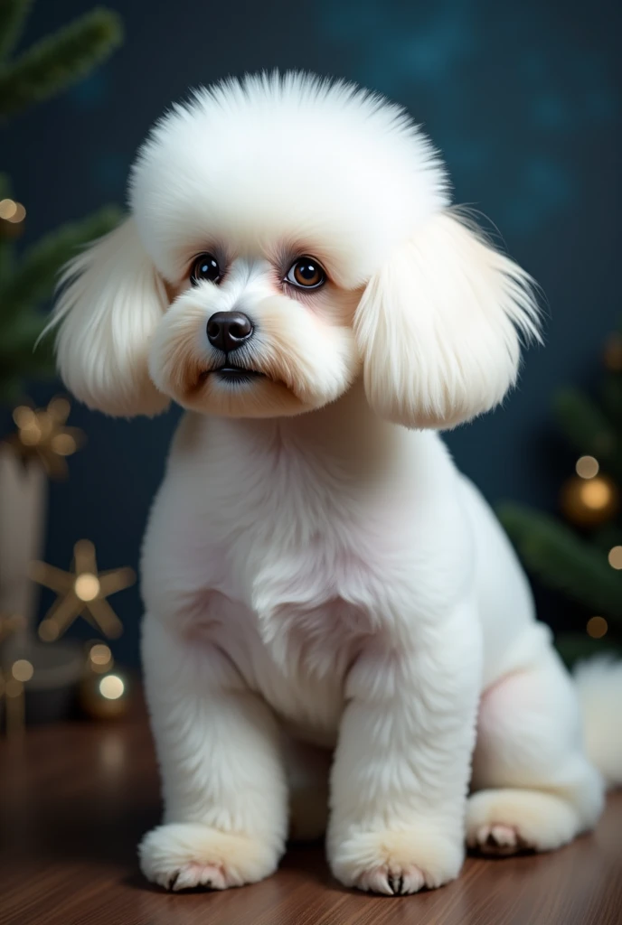 Create a photograph of a real dog with a fluffy Asian grooming haircut in white on a blue and black semi-Christmas background