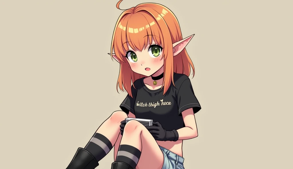 create a 2D image of a girl,  anime, elf ears,  with medium hair that reaches up to the shoulder, very light orange hair color , Classic fringe, white pele,  two strands on top of the hair , Clear greenish eyes, very light freckles under the nose ,  croppe...