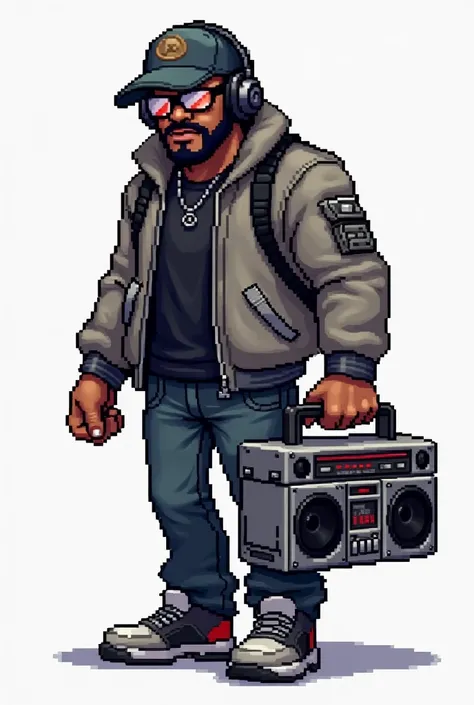 2D Pixel Sprites Black male character with beard, wearing newsboy cap aviator glasses headphones and grey jacket with black t-shirt underneath, super nintendo from a platform game like Metal Slug or Mega Man, looking at viewer, carrying an boombox thats pl...