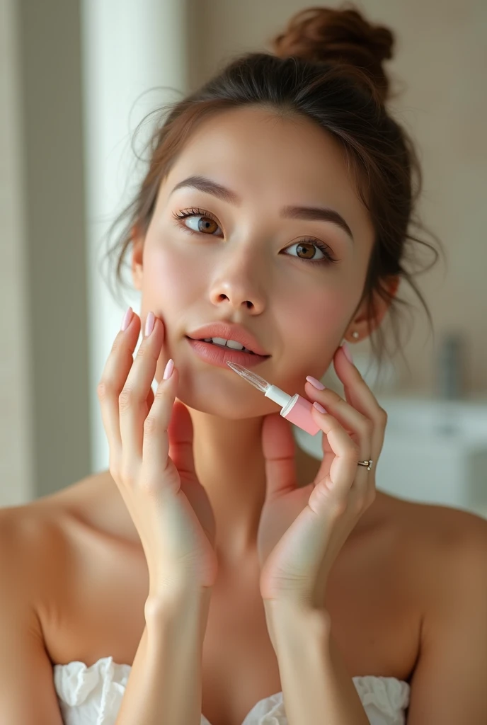 A woman in the shower carefully applying a vitamin-rich serum to her skin using a dropper, set in a sleek, spa-like atmosphere. The scene emphasizes high-end cosmetic and skincare products, showcasing elegance and sophistication. The woman has natural, rea...