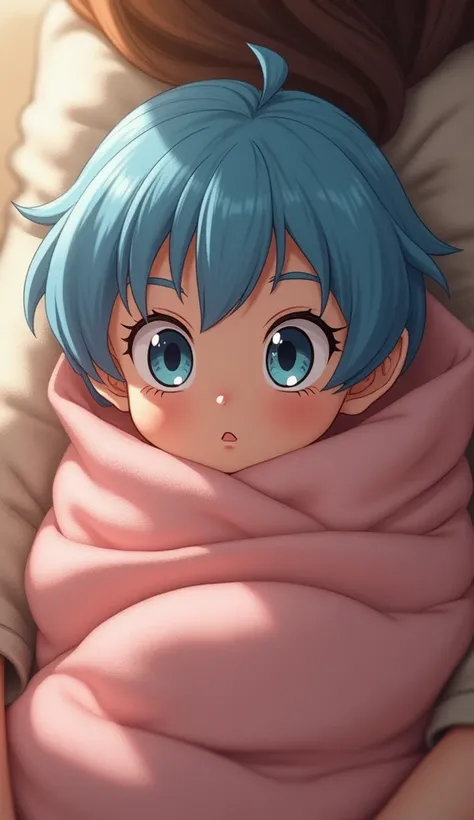  An ultra-realistic image of baby Bulma , the iconic Dragon Ball character,  wrapped in a soft and cozy blanket ,  being affectionately held in the arms of a protective figure .  She has short blue hair ,  an adorable face with big curious eyes that reflec...