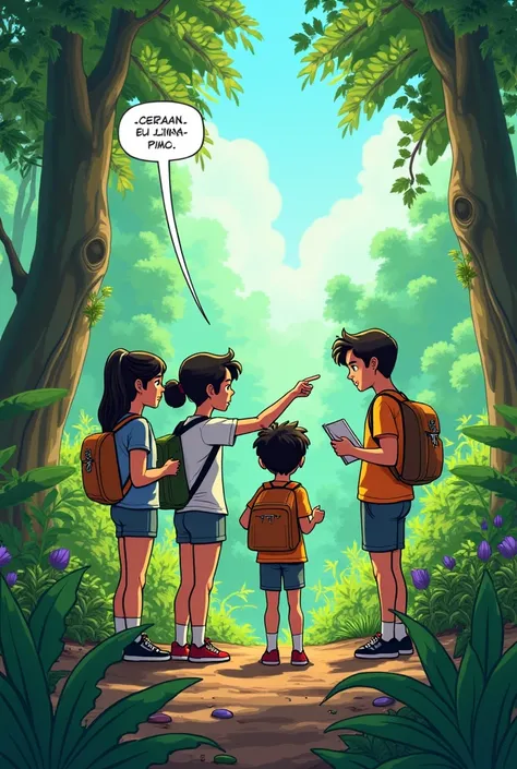 " Draw an animated comic style scene where a group of young people explore a forest looking for plants for a natural water filter. It shows the protagonist  (Well)  by pointing to a plant with enthusiasm ,  while another partner is holding a notebook takin...