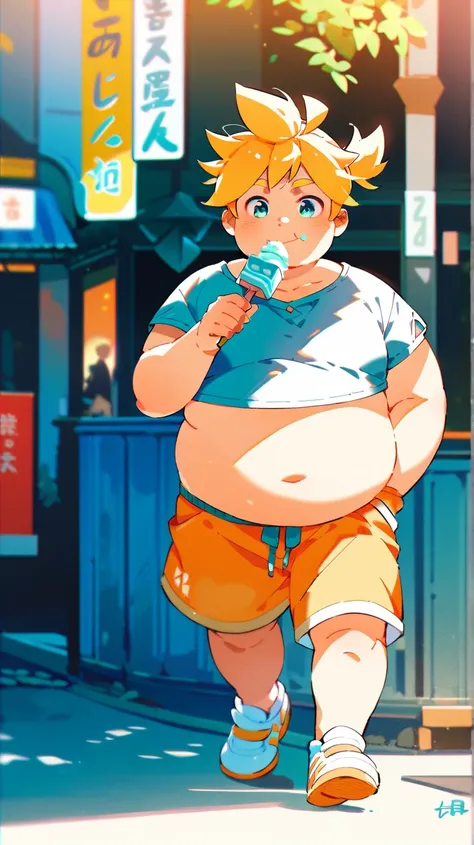 anime style, one boy, male , Kagamine Len, cute, yellow hair color, slightly overweight, chubby body, crop top, belly button exposed, walking on a street, eating ice cream, satisfied smile