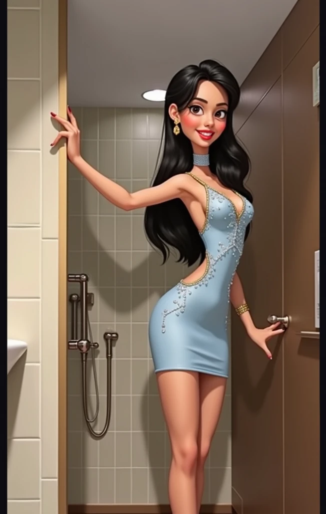 Woman 30 years, long black straight hair, wearing shoulder sleeves baby blue short  turtleneck sequined dress with gold strap high heels sandals. 
Posing At hotel bathroom. 

Pixar Disney animation character 