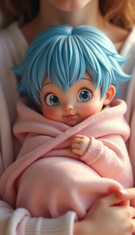  An ultra-realistic image of baby Bulma , the iconic Dragon Ball character,  wrapped in a soft and cozy blanket ,  being affectionately held in the arms of a protective figure .  She has short blue hair ,  an adorable face .  Her expression conveys a mixtu...