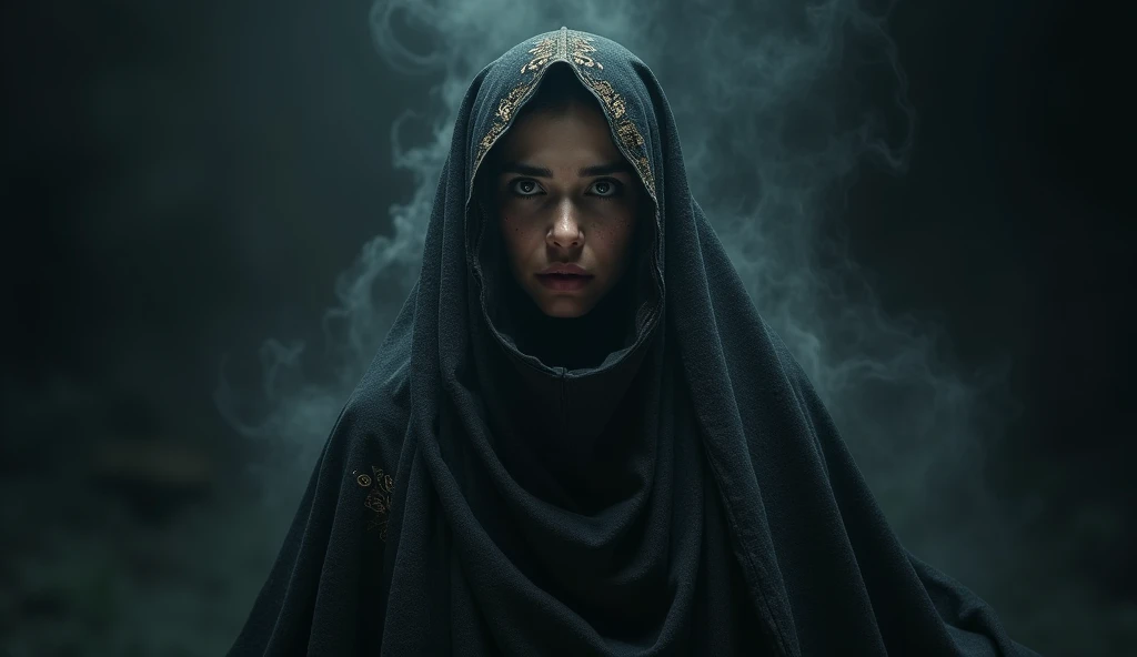 (photorealism:1.2), A Muslim woman possessed by a genie,  black background 