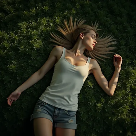 a top down photorealistic depiction of a beautiful young model lying unconscious on a grassy ground, arms stretched out, legs bent, her blonde ponytail tousled, dressed in a tank top and shorts, and a wedding ring on her finger, serene yet haunting scene w...