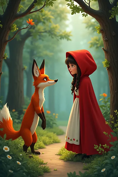 The Fox asked:
— Where are you going, my dear?

Trusting the Fox, Red Hood told him she was on her way to her grandma’s house. The Fox, knowing exactly where Grandma lived, took a shortcut and ran ahead.