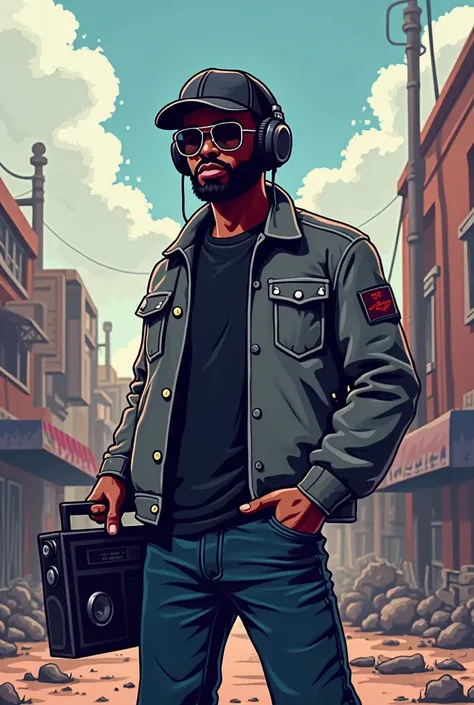 2D Pixel Sprites Black male character with beard, wearing newsboy cap aviator glasses headphones and grey jacket with black t-shirt underneath, super nintendo from a platform game like Metal Slug or Mega Man, looking at viewer, carrying an boombox thats pl...