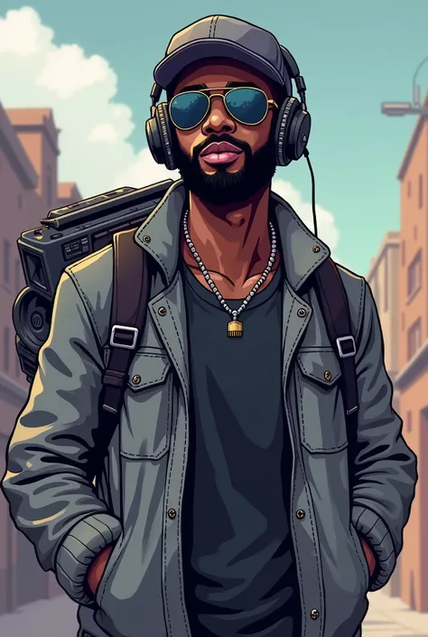 2D Pixel Sprites Black male character with beard, wearing newsboy cap aviator glasses headphones and grey jacket with black t-shirt underneath, super nintendo from a platform game like Metal Slug or Mega Man, looking at viewer, carrying an boombox thats pl...