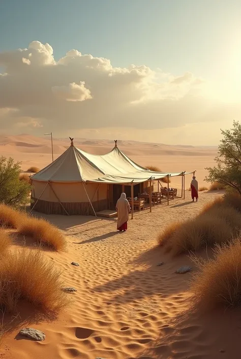 Camp, légère muraille de bois en piqué, entourant le camp de tente rudimentaire, style arabique ancien, semis réaliste, avec une oasis proche, sous le soleil du désert, point de vue sur le camp depuis une dune de sable, légèrement en hauteur, avec quelques...