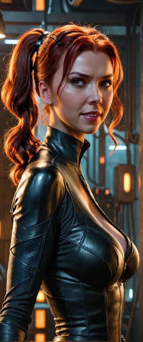 Black Widow, Great work, precise,  Anatomy is correct,  quality leather hair band,  one girl,  looks at the scenes ,  double ponytail ,  multi-sided perspective,  hair covering eyes ,  big breasts, Tabarj, attractive smile,  Cinematic Light Effect, 