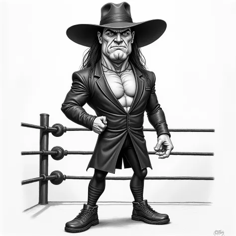 "Caricature in Tom Richmond’s style, pencil sketch of WWE’s The Undertaker in the ring, full body. Exaggerated facial features like a sharp nose, intense eyes, and a grim expression, dressed in his signature dark attire with a hat, standing with legs cross...