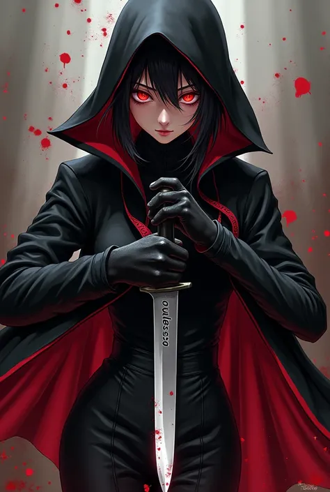 Anime image of a young stylish assassin wearing black clothes and blood with red eyes and a knife and having the name Emerson written on the knife
