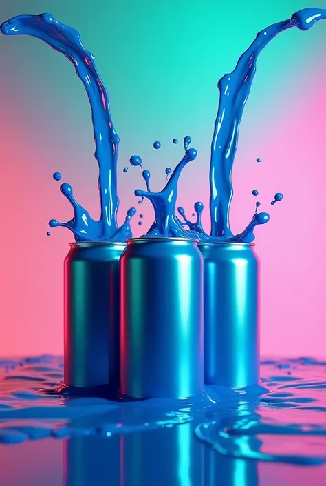 3 long aluminum cans splashing energy drink with blue color, rosa, green with a very striking background 