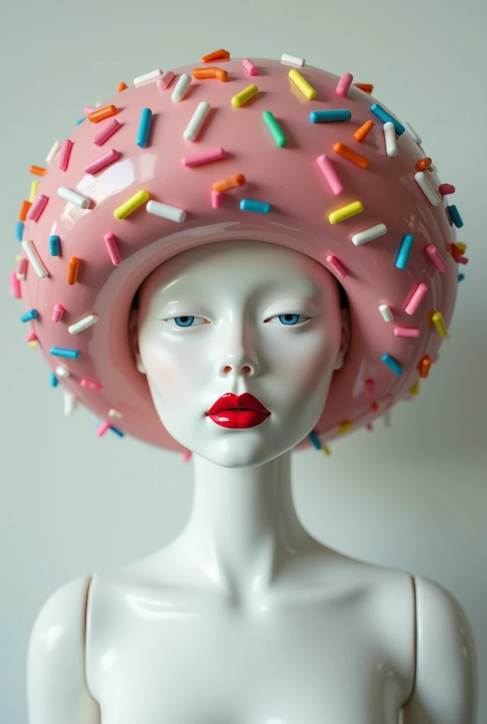 A porcelain doll with withe poreclain material as skin into a white colored  room with an oversized colorful doughnut on her head as a hat covering her face -forhead-eyes . She should have minimal human like features besides lips. Her lips are  smudged wit...