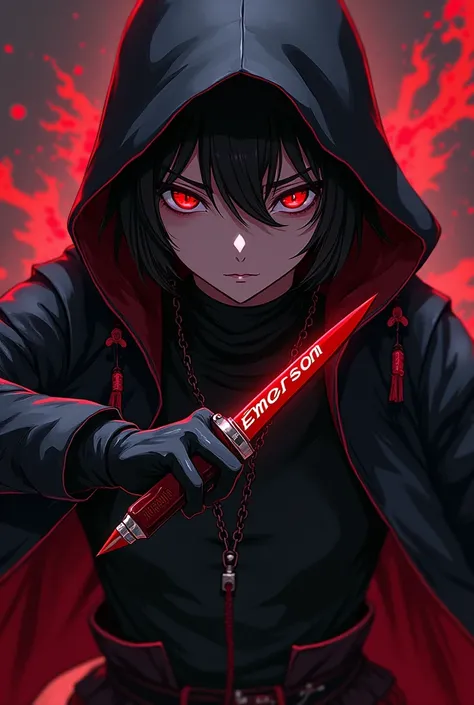 Anime image of a young stylish assassin wearing black clothes and blood with red eyes and a knife and having the name Emerson written on the knife
