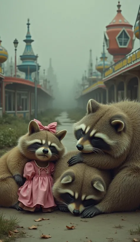 Big raccoons napping a capybara  with a bow on his head and pink clothes at an amusement park, Climate of despair 