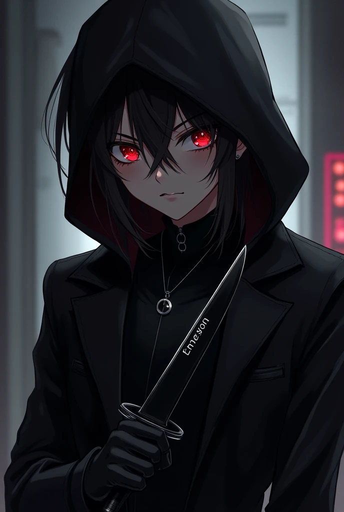 Anime image of a stylish young assassin wearing black clothes and blood is his eyes red and holding a knife and having the name Emerson written on the knife
