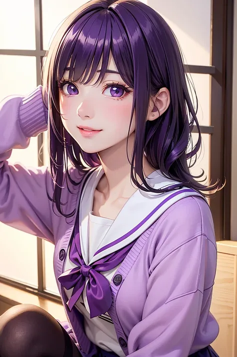 ( best quality, high definition ,8k,inelity detailed background, masterpieces:1.2), pretty girl,( glossy purple hair:1.3),(long hair:1.2) ,short hair, bob cut, Beautiful purple eyes,autumn,school uniform,Cardigan,skirt,black tights,(zettairyoiki:1.2),Gentl...