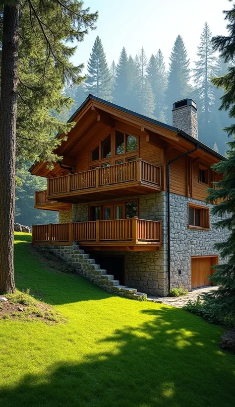 The image of a cozy house ,  located on a hillside ,  surrounded by dense forest .  The architecture of the house includes a stone foundation and the first floor ,  smoothly turning into wooden walls and a roof with a pronounced slope ,  typical of alpine ...