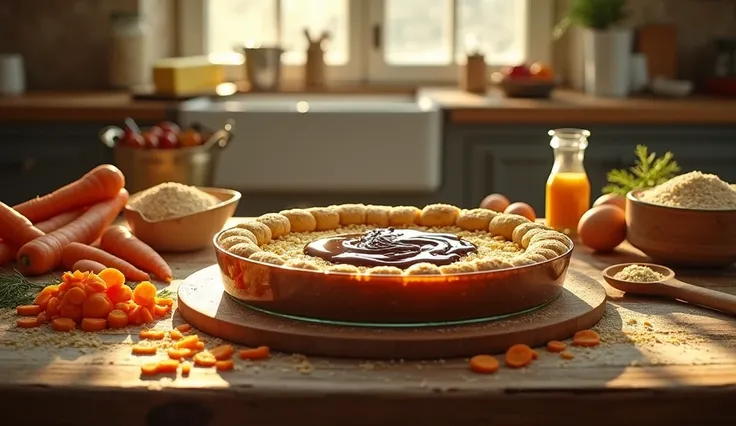 Create an ultra-realistic cinematic scene, in 16:9 format, with a warm and detailed atmosphere, inspired by the recipe for Carrot Cake with Cornmeal. The image should capture the feeling of a home kitchen, with a rustic wooden table in the center. Around t...