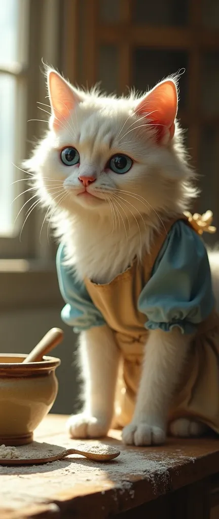 
"A highly detailed and vibrant portrayal of an anthropomorphic cat with soft white fur, a sad and melancholic expression, and large, glossy blue eyes that reflect a sense of vulnerability. The cats head is slightly tilted forward, with its drooping ears a...