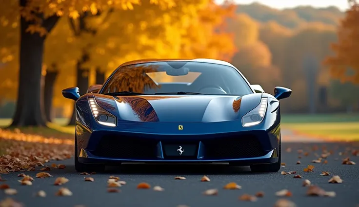 Horizontal image of front and side view of the Ferrari car and the whole sky is of evening time the car is standing in front of the yellow colour tree and the colour of the car is navy blue