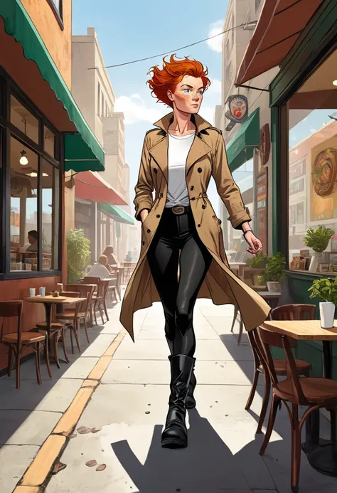 gritty brutal DC comics painting art style; Irish ginger adult forty years old tall athletic woman with pixie hairstyle and freckles, she dressed brown trench and white t-shirt with black leggings and black boots, she slowly walking,she looking around, caf...