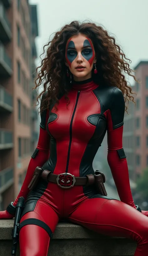 In VOGUE: Antihero Allure edition, the model embodies the bold spirit of Deadpool in a tight-fitting red and black bodysuit, the seams hugging every curve and the iconic black eye patches adding an edgy contrast. The suit’s subtle armor detailing adds dime...