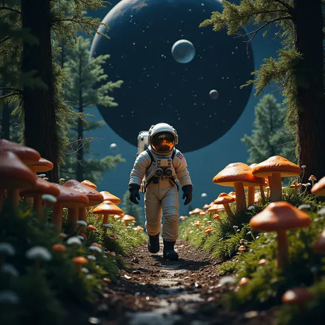 Image 8K ultra-réaliste dun astronaute marchant à travers une forêt couverte de champignons géants et de mauvaises herbes épineuses sur une planète inconnue dans un ciel noir et de nombreuses autres étoiles et planètes.