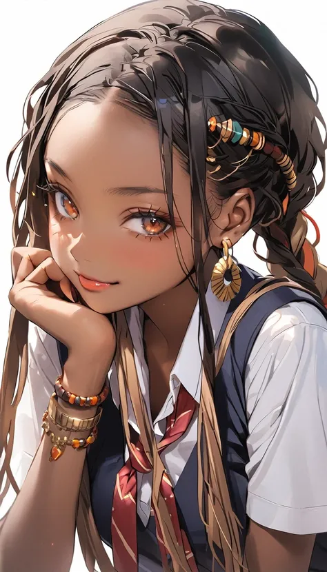 african woman,dreads long black hair,jewlery,school uniform