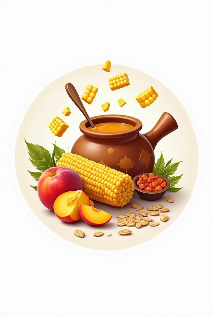  Create an animated logo for a business,  with a round white background based on the phrase of flavors that tell stories and traditions of my people with the products of: corn,  peach jam , oat grains ,  pieces chopped into small pieces and a tutuma or cla...