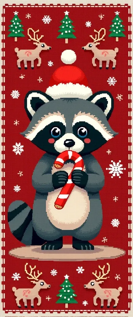 A photo of a festive, cross-stitch-style design on a red background. At the center, theres a cute, extra fluffy baby realistic raccoon wearing a Santa hat and holding a candy cane. Surrounding the raccoon are various elements like reindeer, Christmas trees...