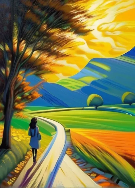 A fork in the road and、A woman walking along one of the roads in the foreground、Not important as part of the story。. By incorporating these elements into his paintings,、It gave a sense of dynamism and realism.。. And the female silhouette is depicted diagra...