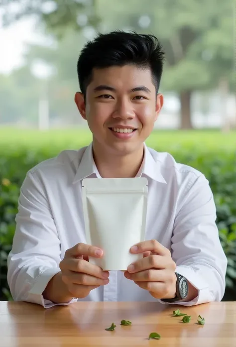 "Create a photorealistic mockup of a smart Thai man holding a smaller matte white ziplock stand-up tea pouch. The pouch should be about the size of his hand, appearing compact and portable. The man has a gentle smile and wears a casual white outfit, such a...