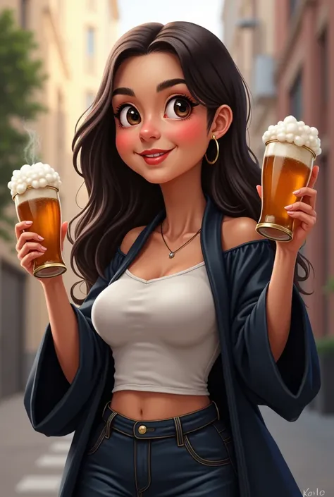  create a caricature of a girl wearing a graduation scholarship, with long dark straight hair , big cheeks, round eyes with large bust holding a beer bottle  
