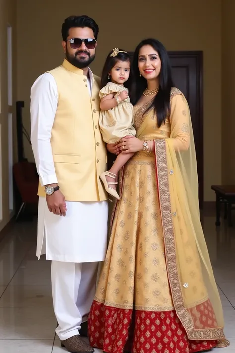 Me and my wife on wedding of my brother , I am wearing pakistani shalwar qameez  of bosky cream color and warring a vastcoat and sunglasses, a beautiful watch and high heel men shoes and my wife is waring a golden indian lehnga with red bottom and high hee...