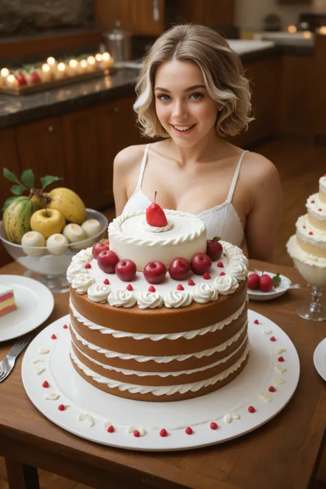 A cozy scene of a homemade sugar-free birthday cake, decorated with fresh fruits like berries and thin apple slices. The cake is placed on a rustic wooden table, surrounded by baking ingredients such as bananas, flour, and eggs. Natural light highlights th...