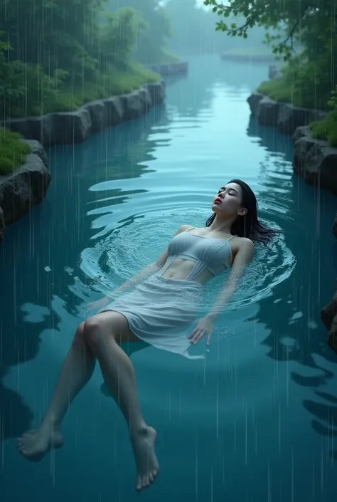 realism swimming floating in a spring while raining clothed incorporate the color blue