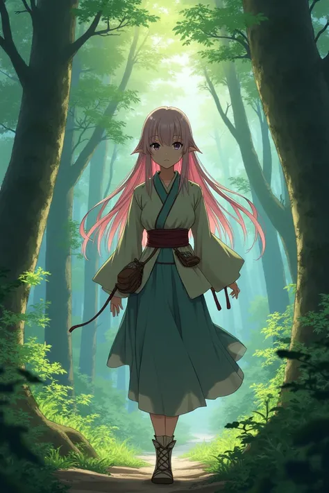 Screenshot: demon Slayer, a girl with loose straight hair with pink lines and slanted eyes walking in the woods 