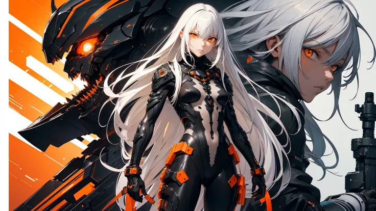 full body shot, Style by Tsutomu Nihei,(incroyablement absurdres, ( high resolution:1.18),  complex details, ( masterpiece:1.1), ( superior quality :1.1), absurdres),(1fille, portrait, white hair, orange eyes,  Long Hair,  detailed eyes), full body shot