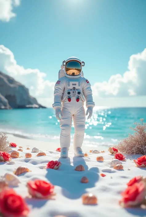 Scène délicate, profondeur de champ, 8K, astronaute vêtu dun costume bleu ivoire, nuages ​​blancs et soleil brillant sur la plage blanche enneigée.   Mer de corail, nombreux coquillages colorés sur la plage, roses rouges, accent sur les couleurs roses,